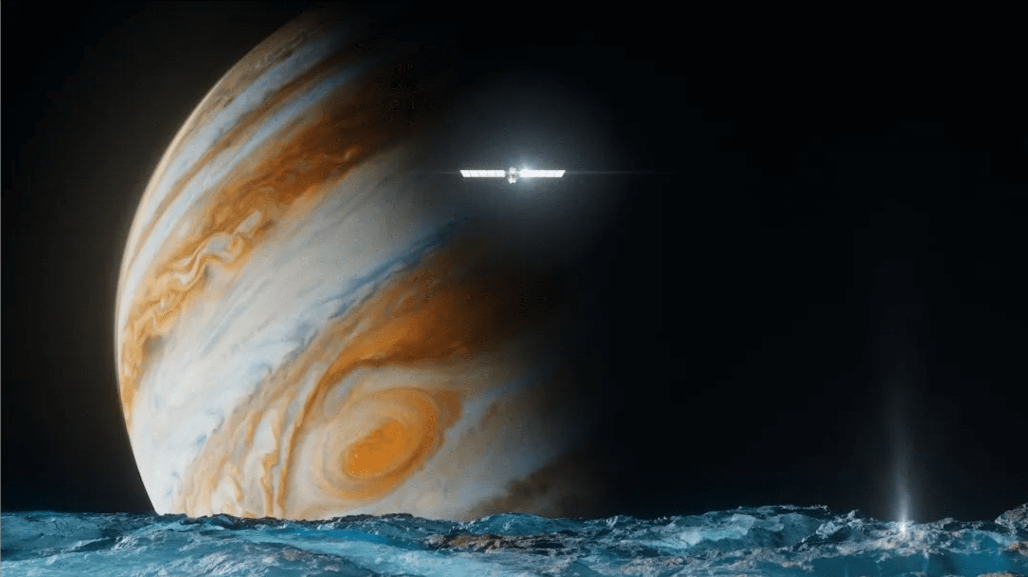 Illustration of the spacecraft above Europa’s icy surface.
NASA/JPL-Caltech